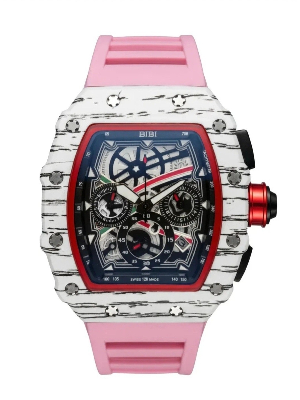 ​BiBi Sports Quartz Watch Chronograph Skeleton Face White Tonneau Pink Rubber